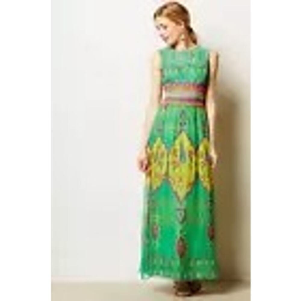 Hemant and Nandita Mintzita Silk Embroidered Green Sleeveless Maxi Dress Size 2 - Picture 2 of 10
